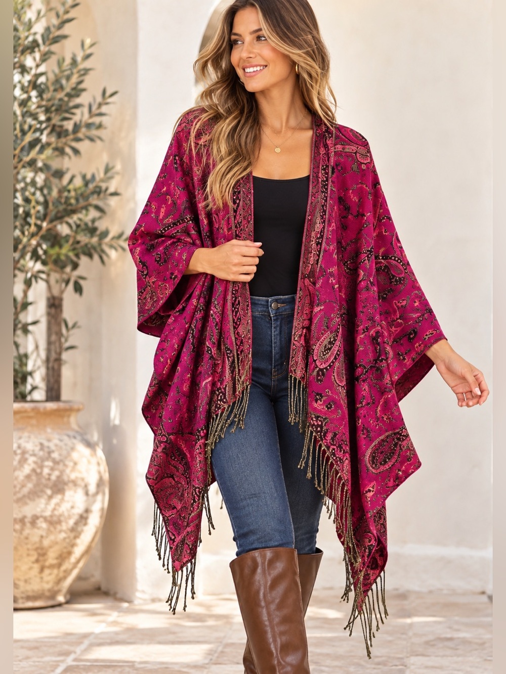 Magenta and Black Poncho